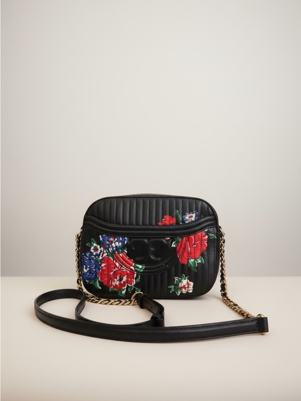 Tory Burch Floral Camera Crossbody Bag Black Nylon Leather Trim - Picture 12 of 12